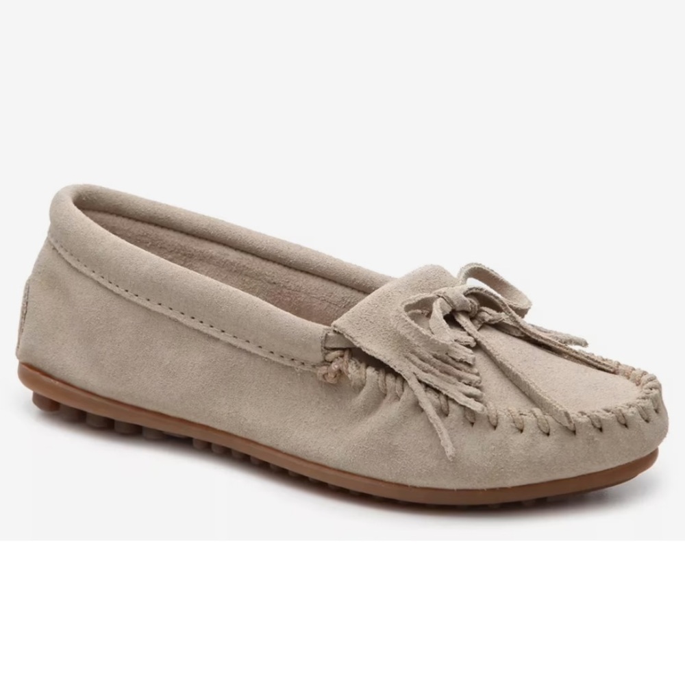 Minnetonka Gray Suede Slipper Moccasin Shoes Classic Boho Earthy Slipons